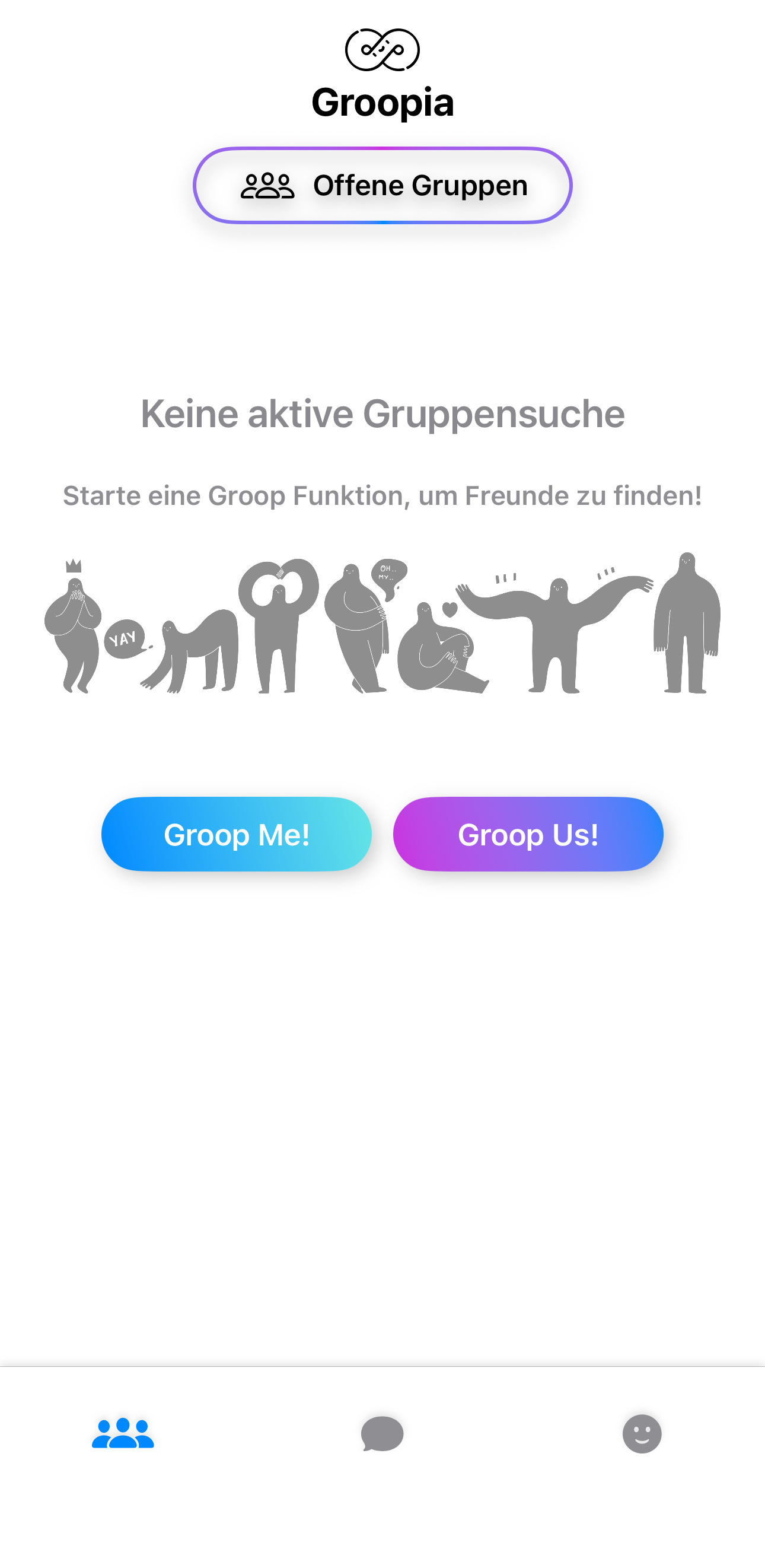 Groopia Hauptansicht mit offenen Gruppen und Gruppensuche