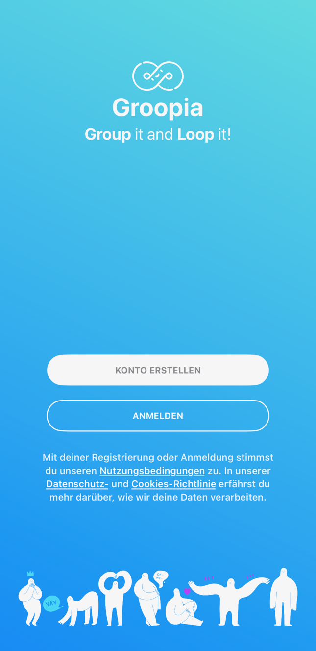 Groopia Startbildschirm mit Logo, Anmeldung und Registrierung